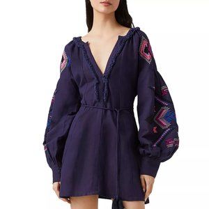 French Connection Alotta Embroidered Long Sleeve Cotton & Linen Minidress
